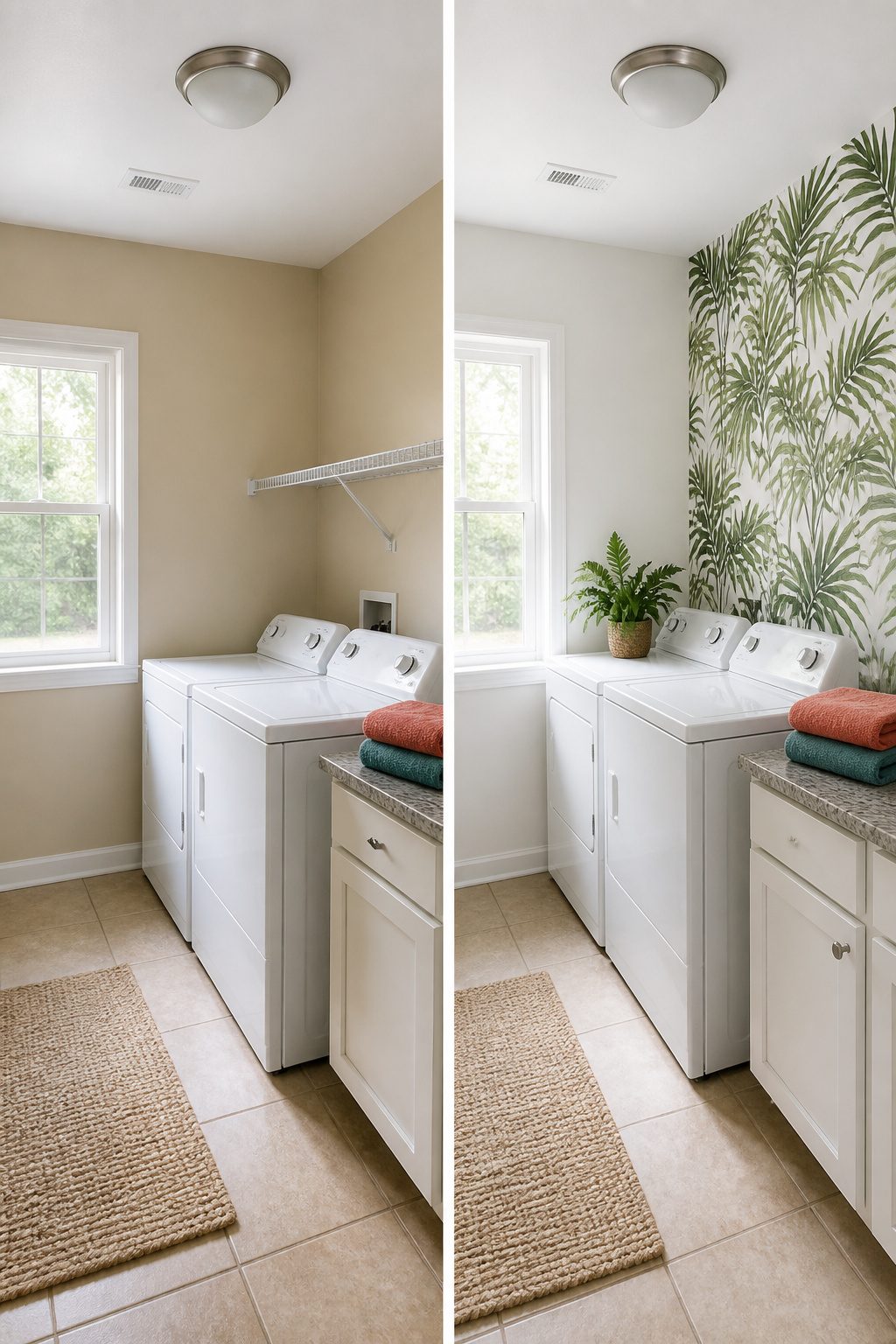 A laundry room with freshly painted white walls and a palm print wallpaper.