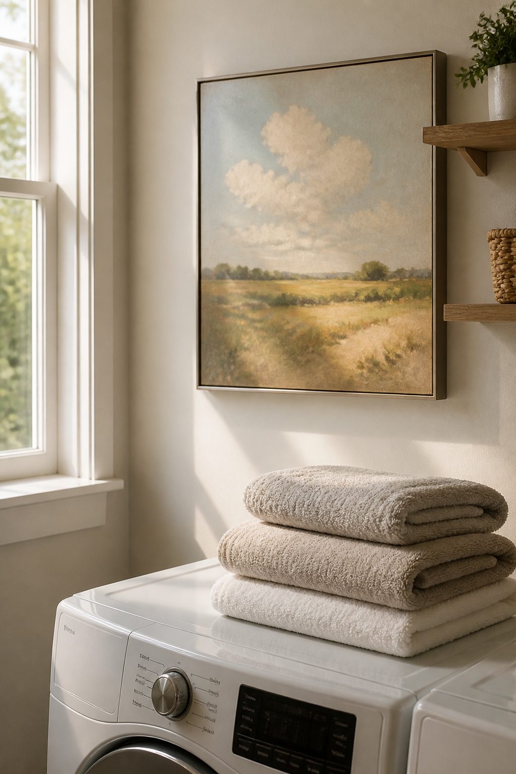 A vintage oil painting displayed on the wall of a laundry room.