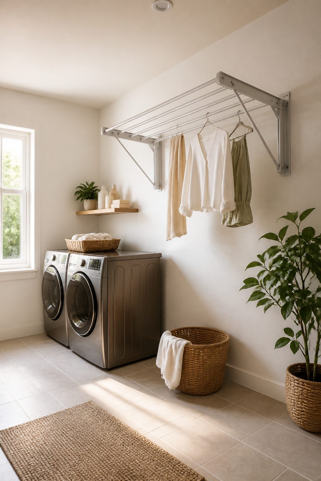 A wall-mounted drying rack opened to show multiple hanging rods.