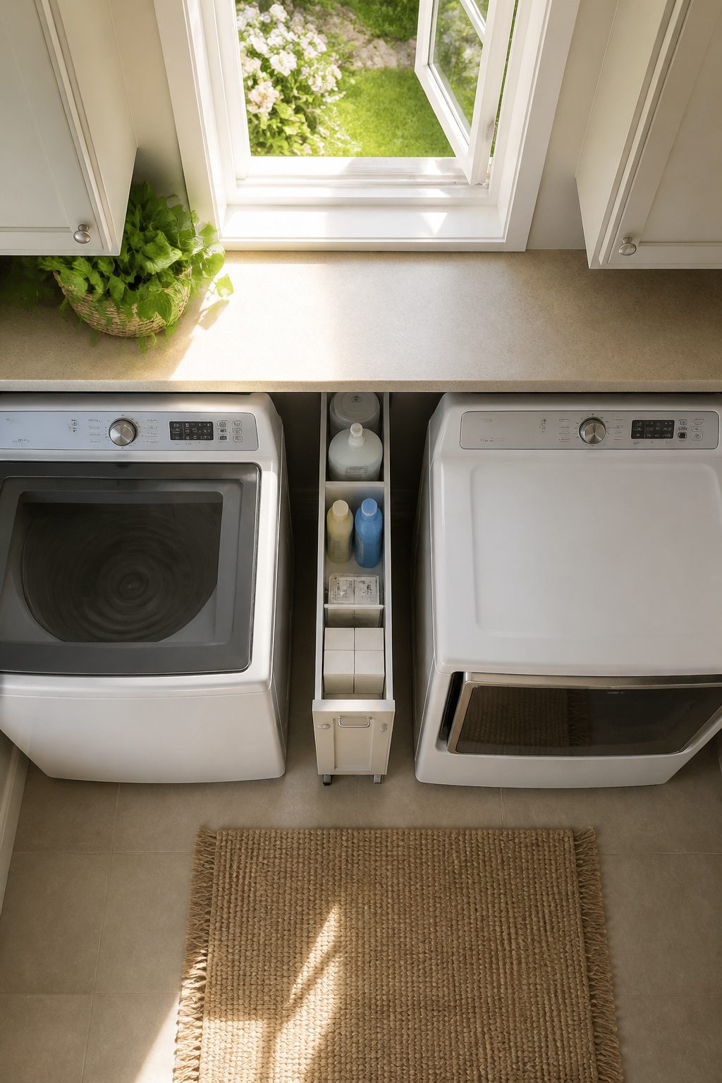 A slim rolling cart placed between a washer and dryer in a laundry room.