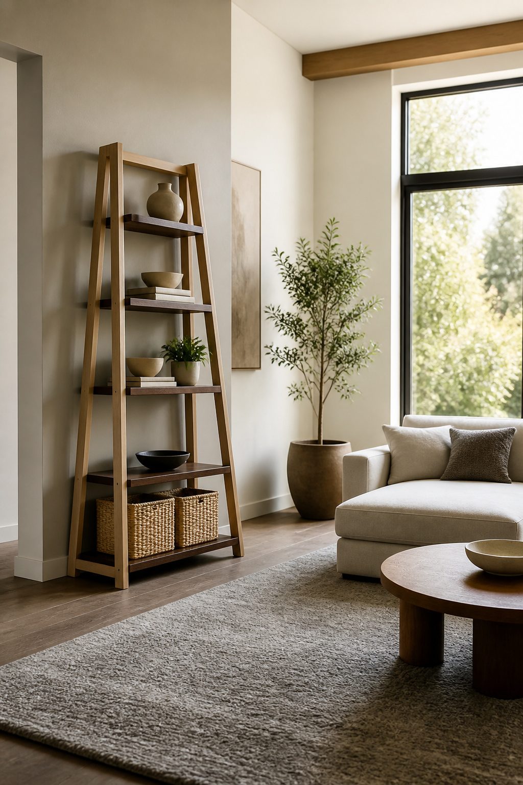 A tall Krossa Shelving Unit made of white oak and walnut.