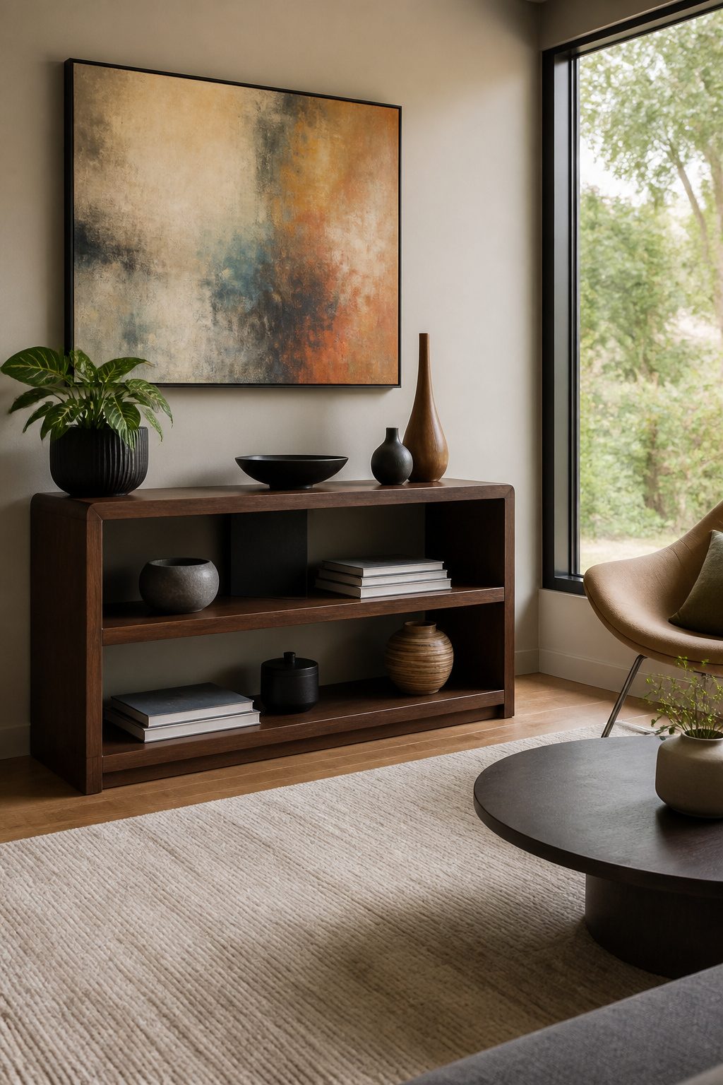 The BDI Linea 5802 Double Shelf with books and decorative vases.
