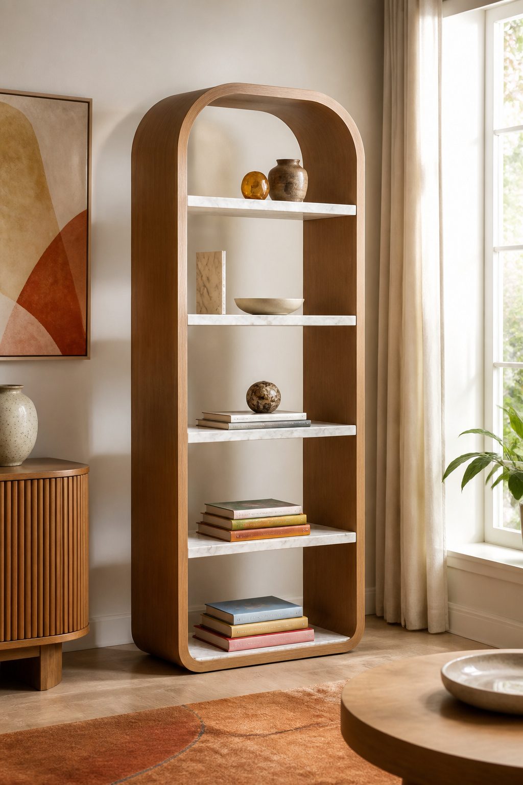 The Castlery Esther Bookshelf with marble and engineered wood shelves.