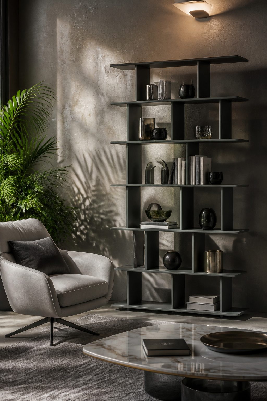 The Cattelan Italia Fulham Bookcase displayed against a textured wall.