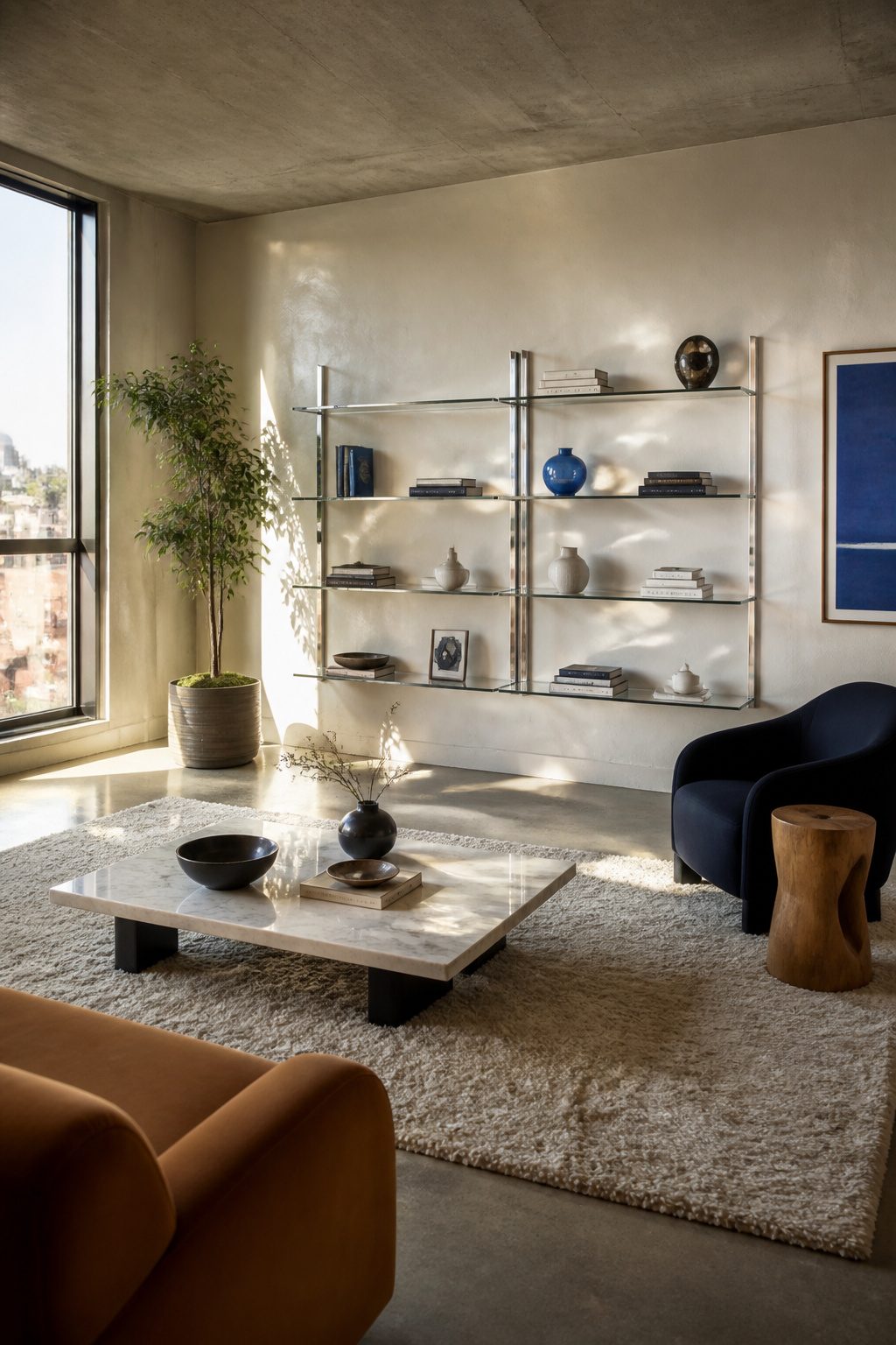 A wall-mounted CB2 Tesso Chrome Bookcase with glass shelves.