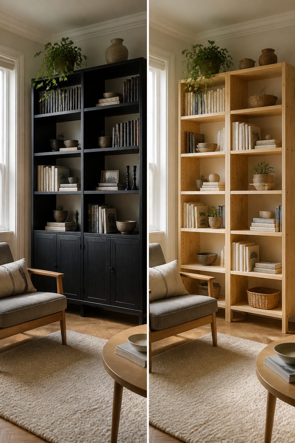 A display of various bookshelf styles in a living room.