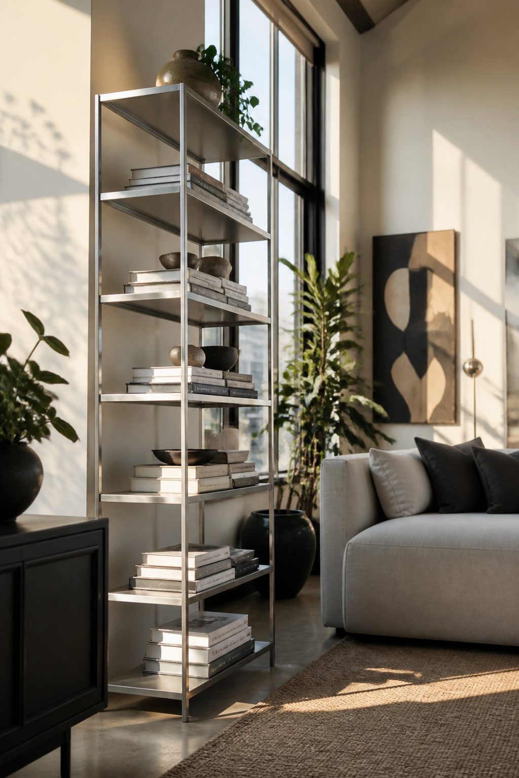 The Design Within Reach Story Bookcase with stacked books on its shelves.