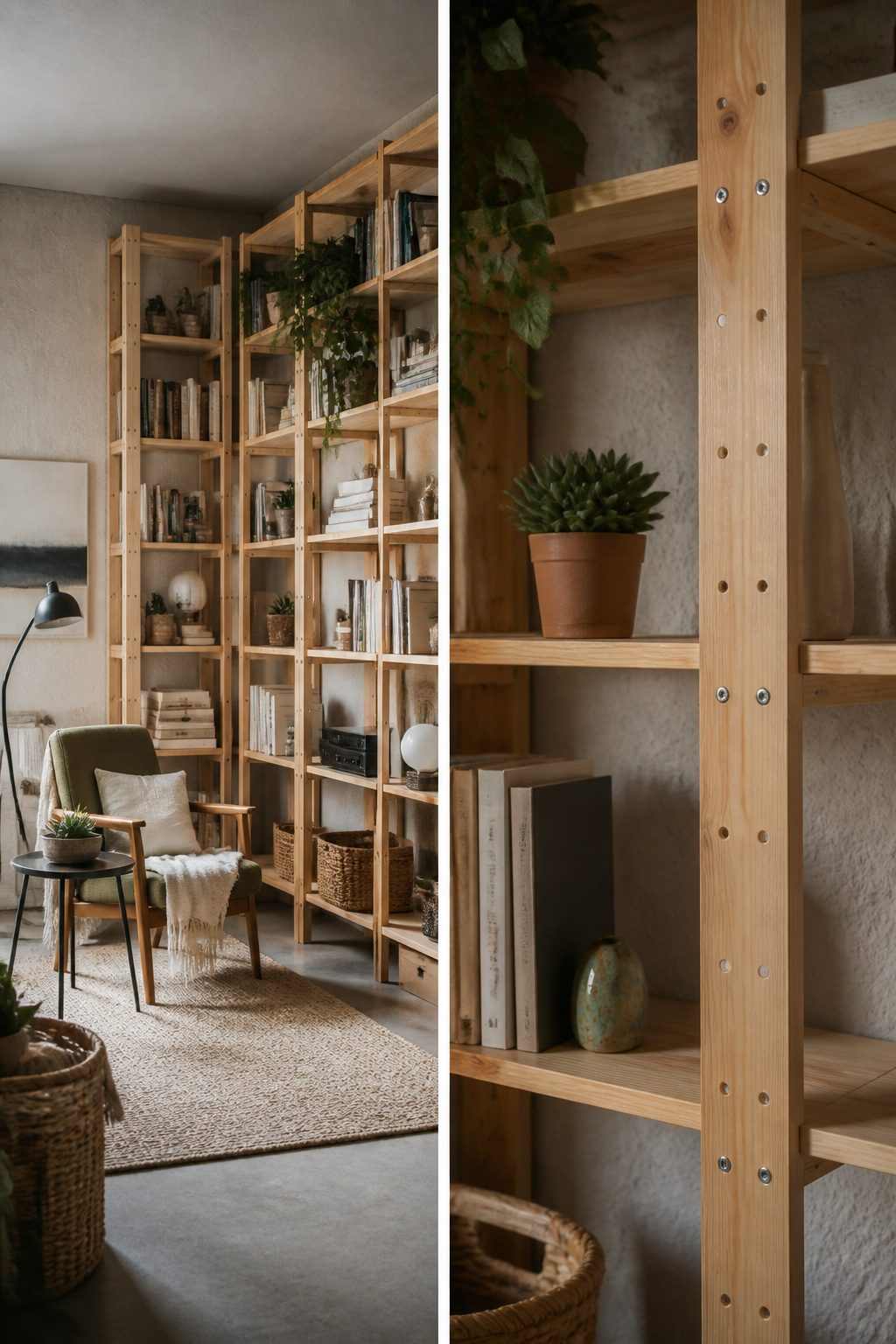 An IKEA IVAR Shelving Unit made of raw pine in a living room.