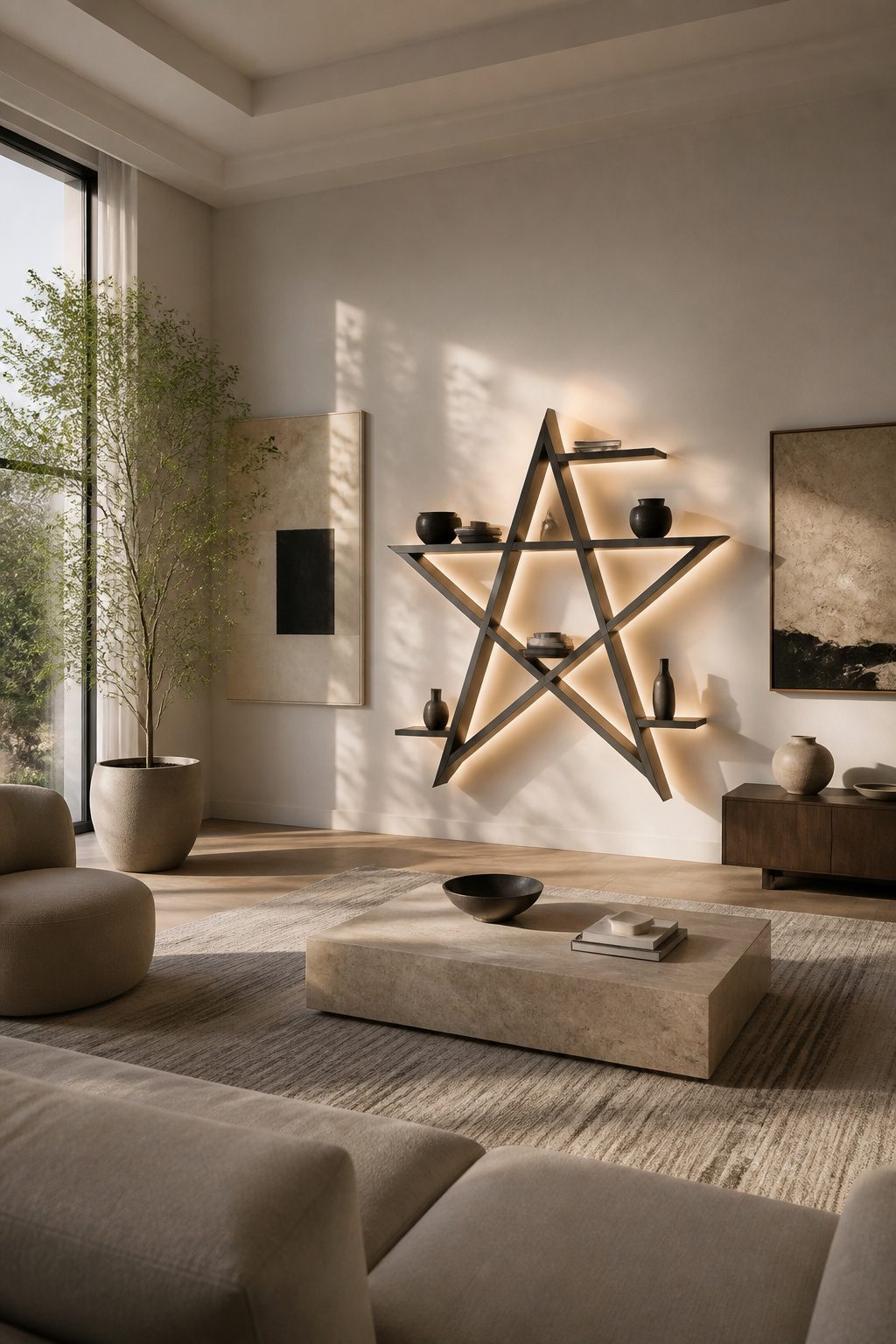 A pentagram-shaped bookshelf with built-in LED lights.