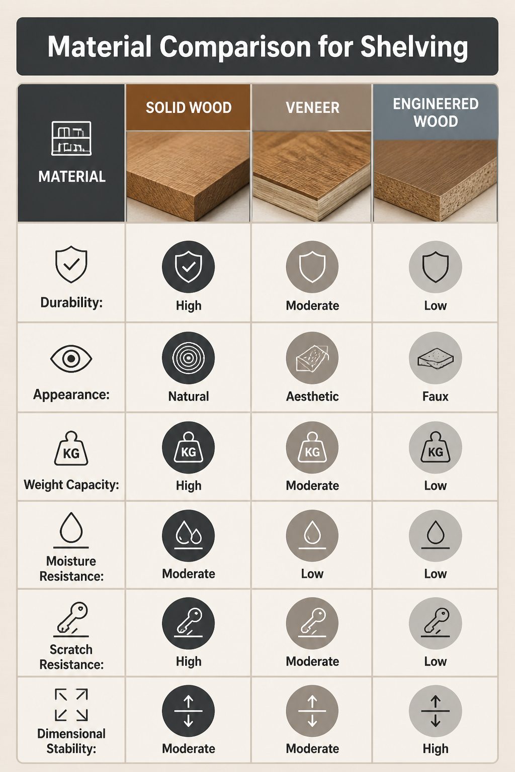 A comparison of materials used in shelving construction.