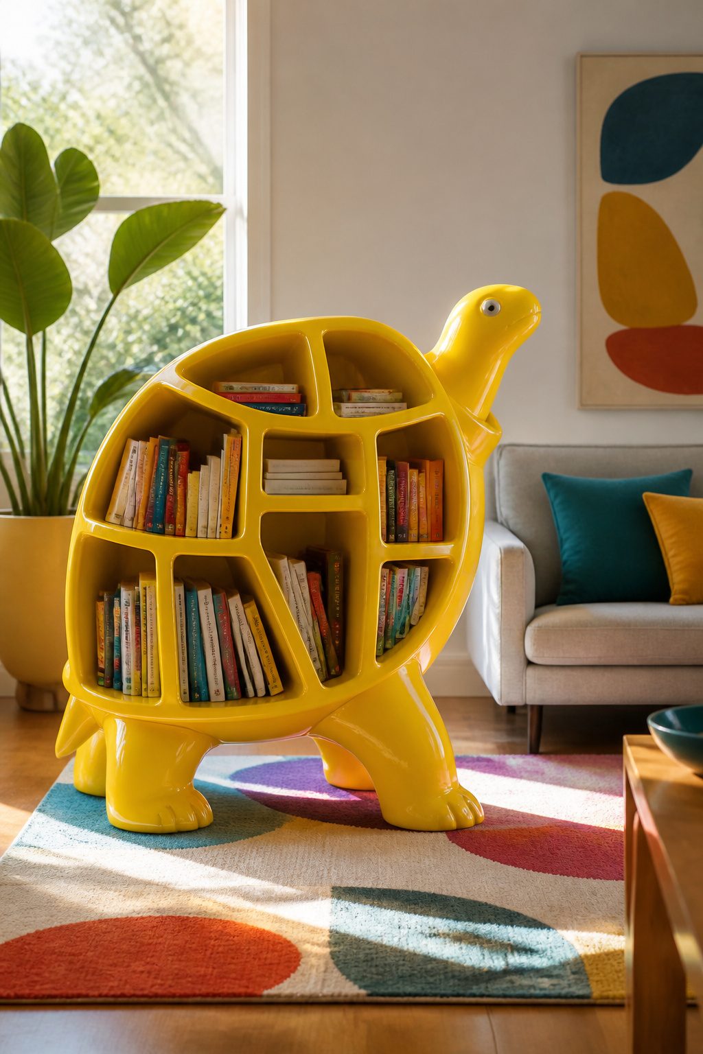 The Qeeboo Turtle Carry Bookcase shaped like a turtle.