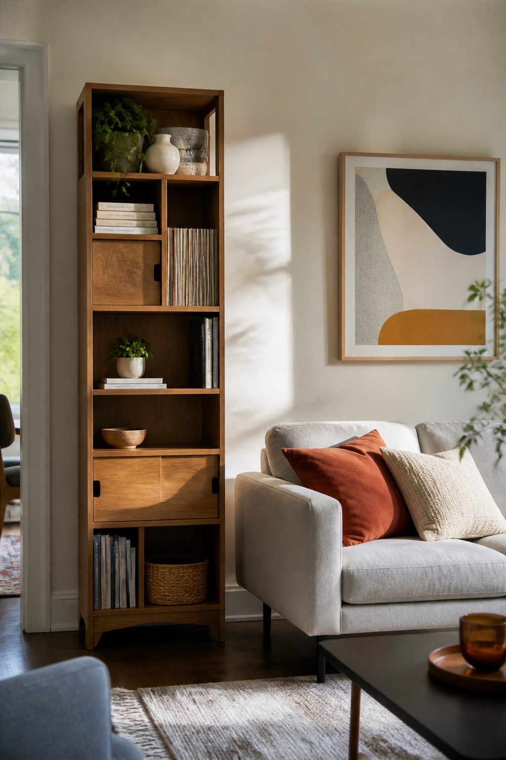 The West Elm Pierce Narrow Storage Shelf Unit with varying shelf heights.