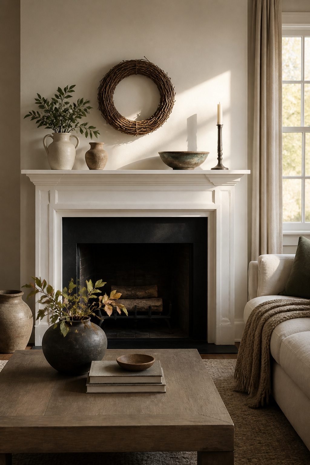 Curated mantelpiece with a wreath and ceramic bowl.