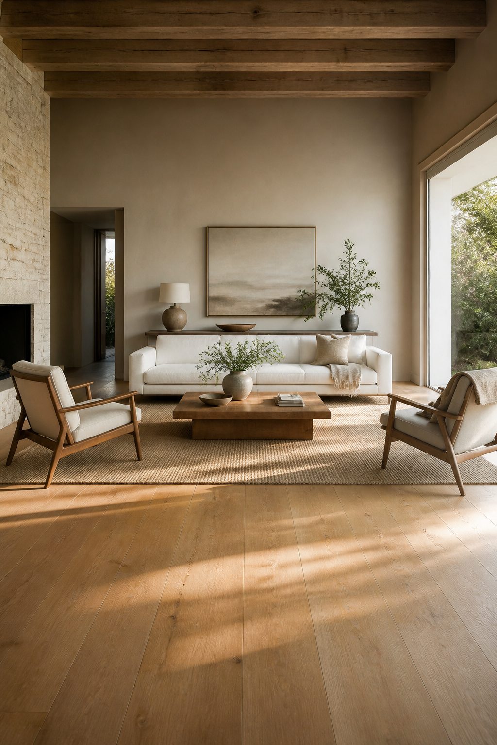 Sofa positioned at an angle with chairs and coffee table.