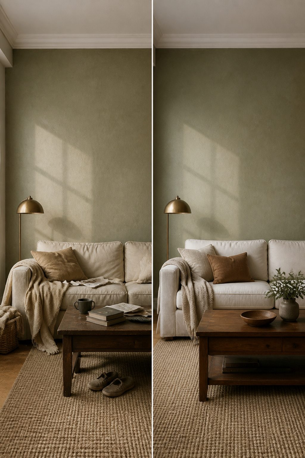 Wall painted in warm sage green color.