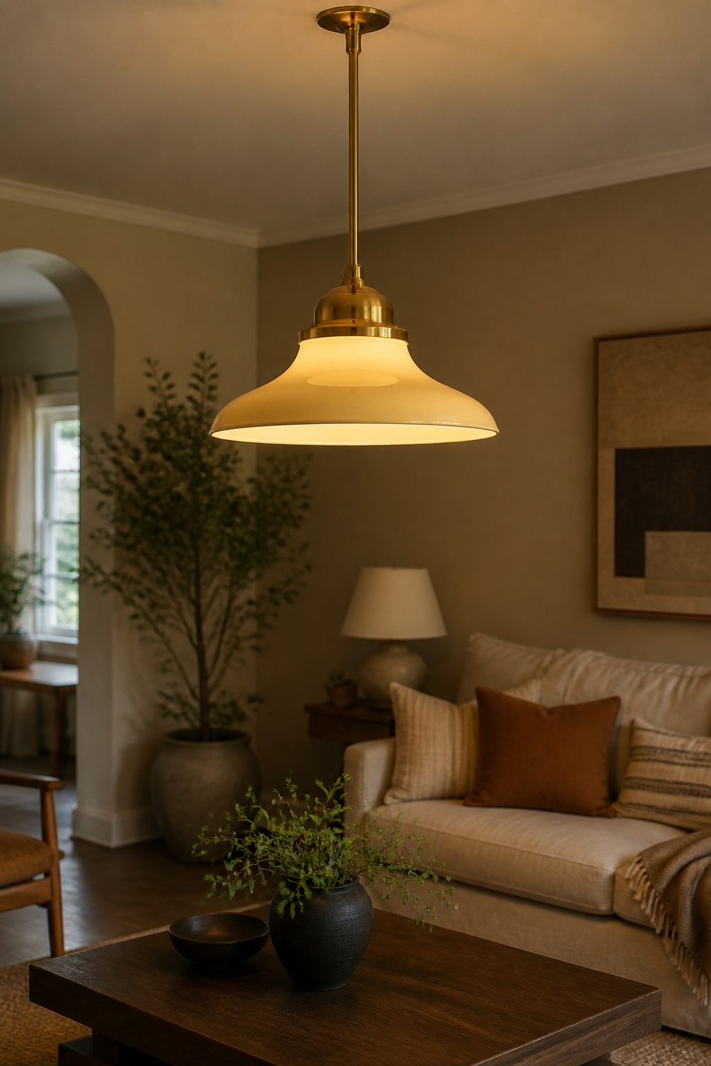 Brass pendant light hanging from the ceiling.