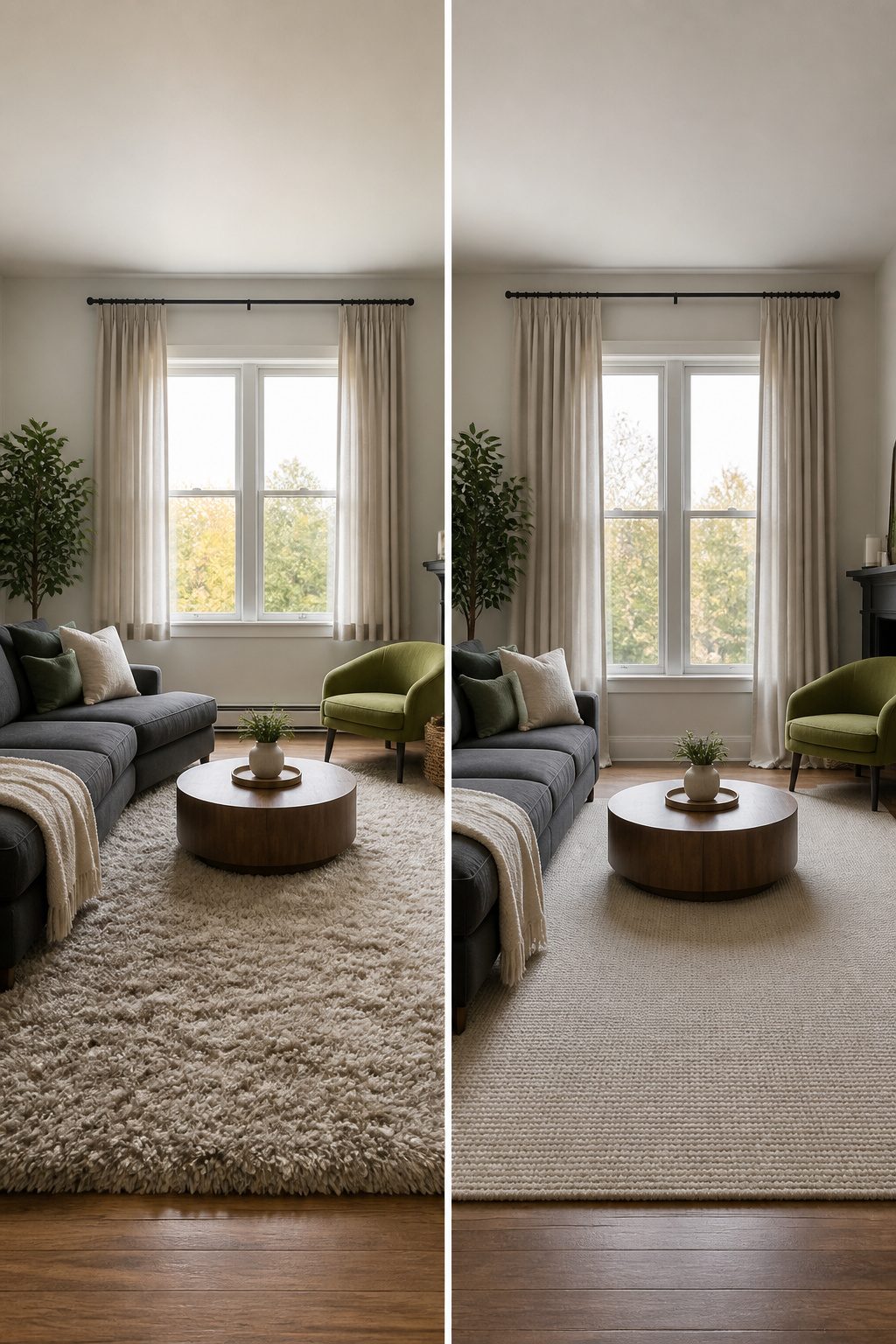 Rug positioned under the sofa and chairs.