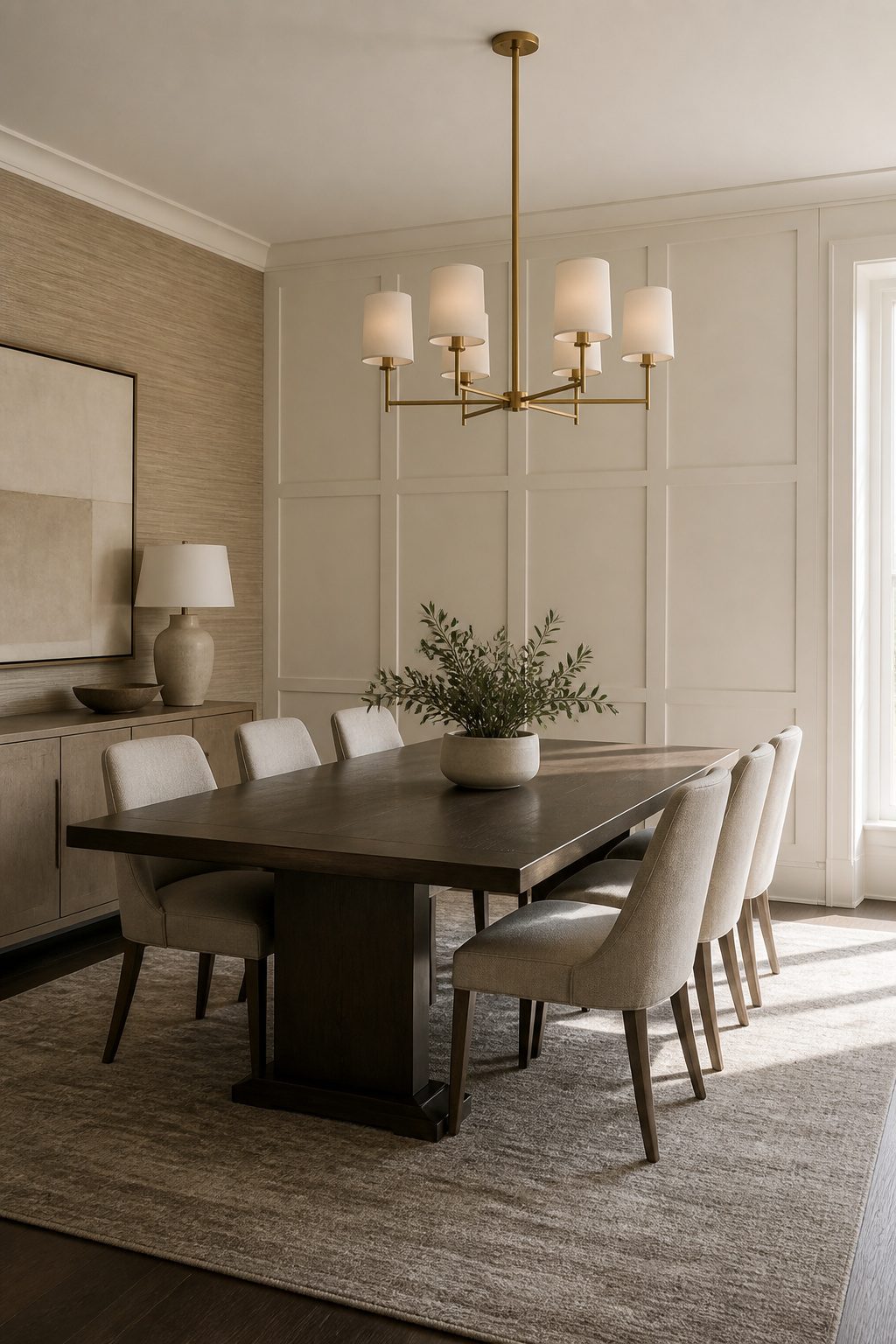 An Architectural Neutrals dining room with paneling and a grasscloth wall.