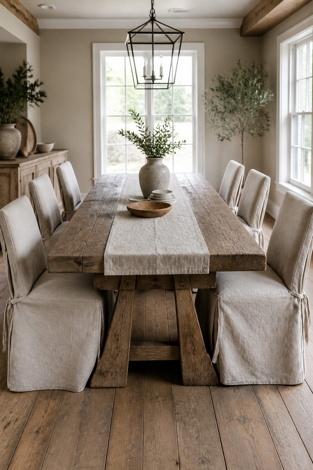 A Farmhouse Chic dining room with a wood table and linen chair covers.