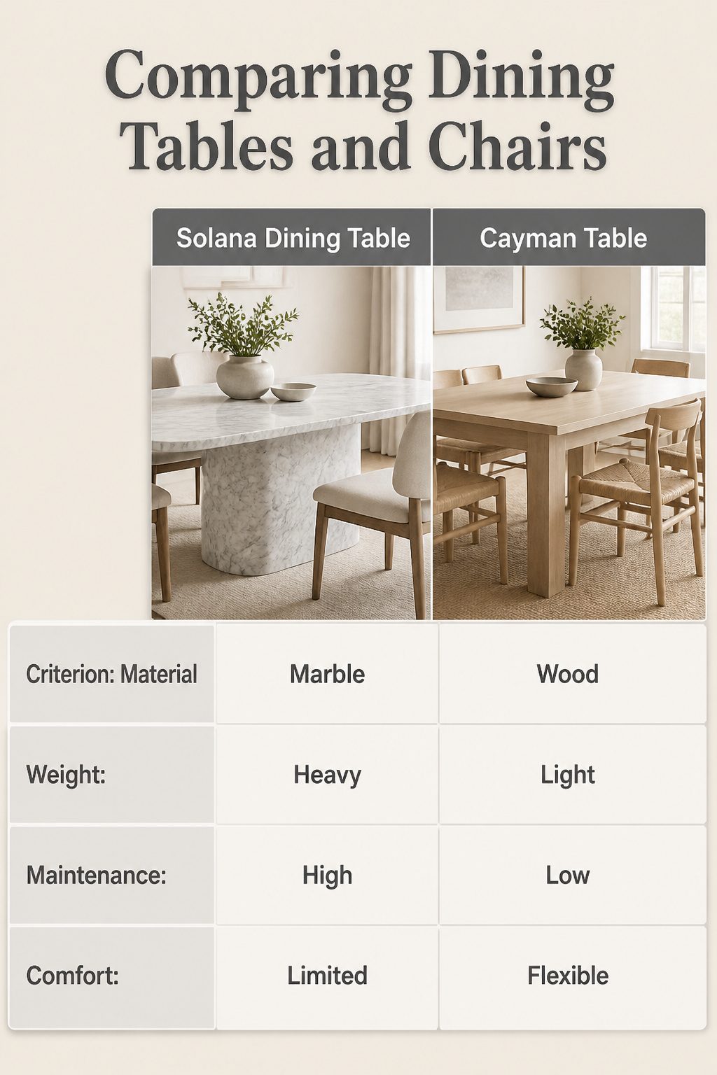 An image comparing different dining tables and chairs for interiors.