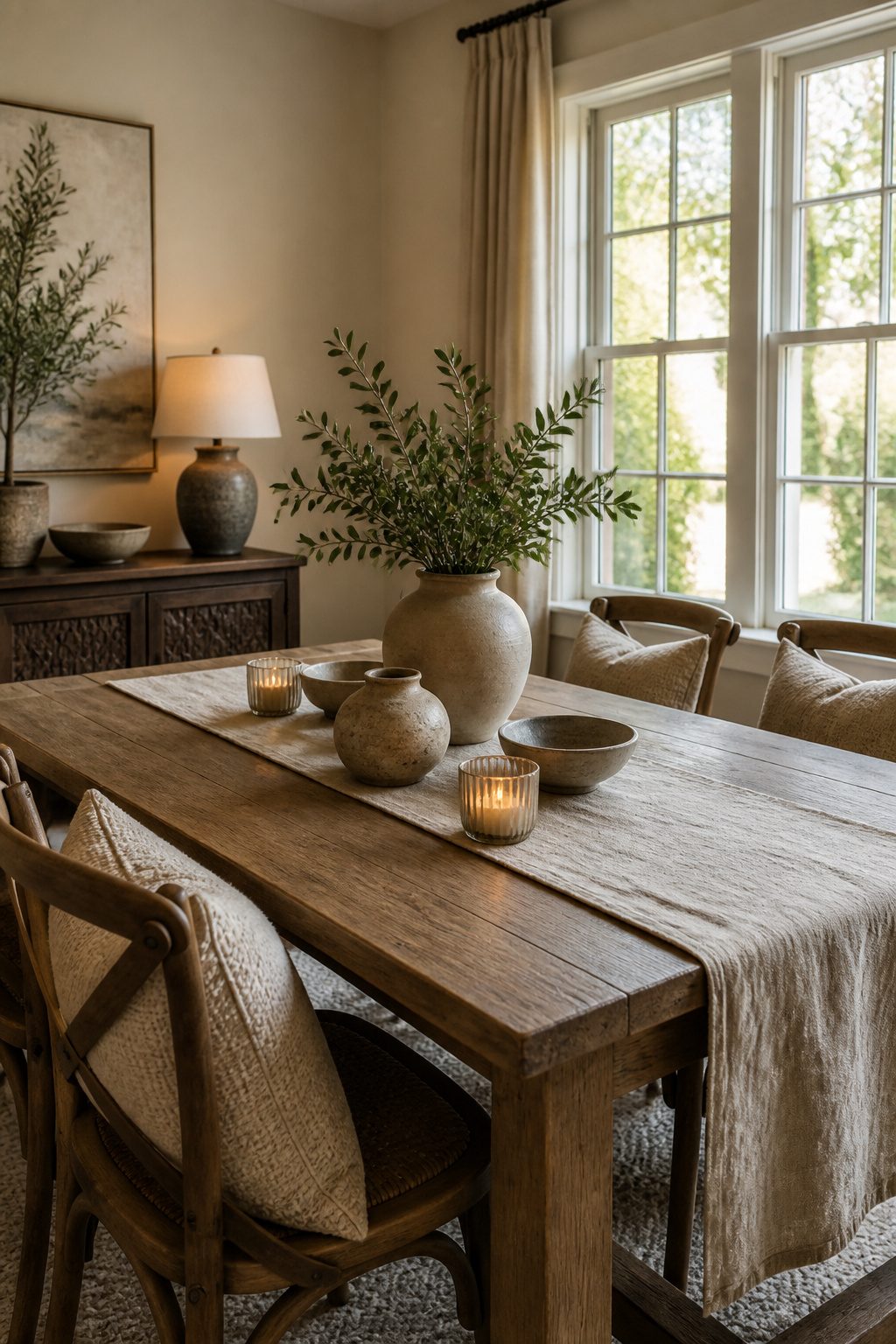 A Relaxed Neutrals dining room with beige walls and textured textiles.