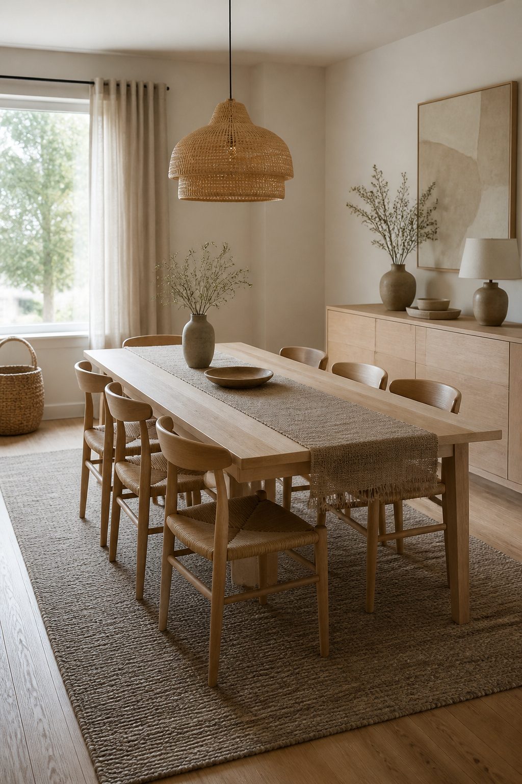 A Scandinavian dining room with light wood elements and layered textiles.