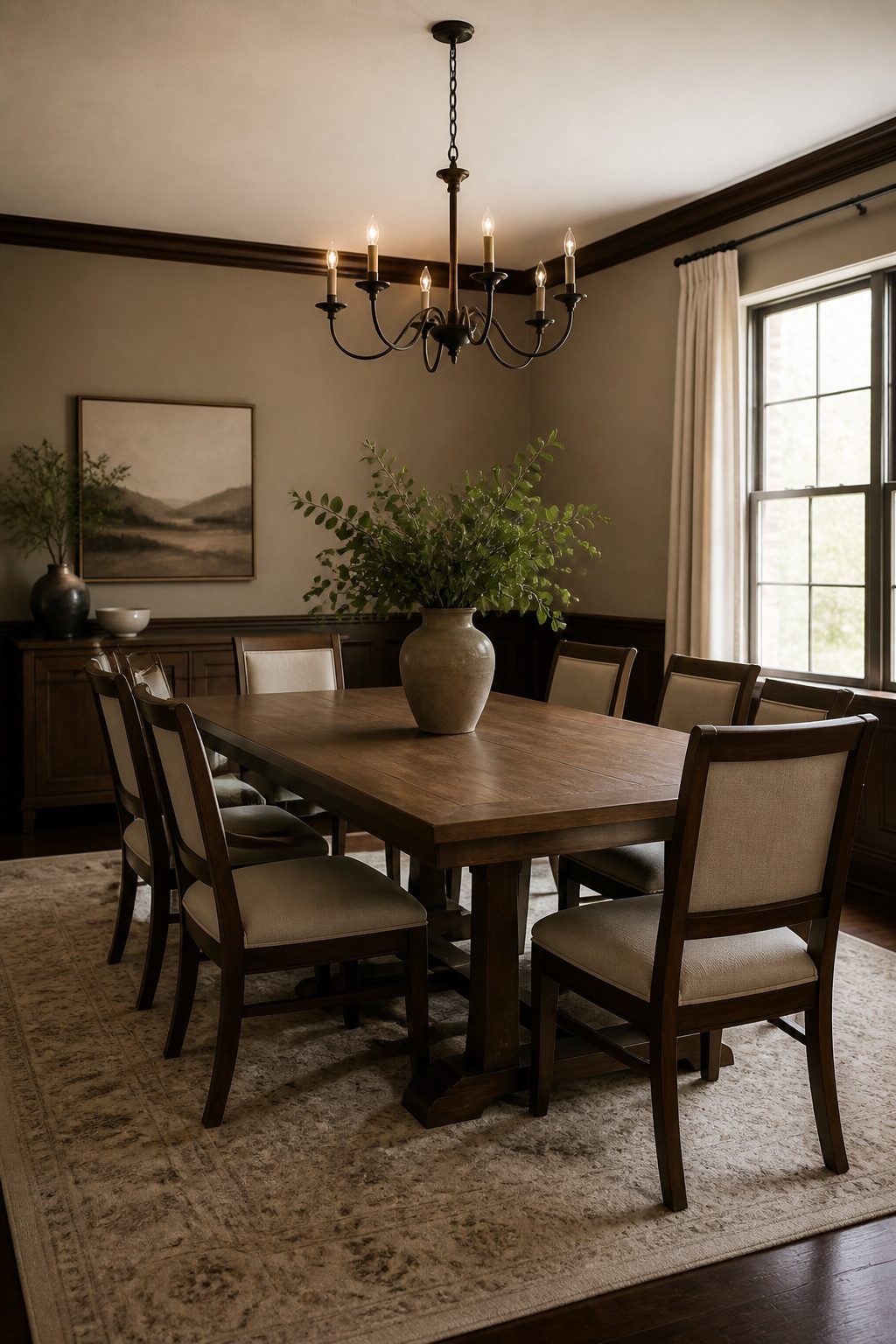 A Traditional Neutrals dining room with a wood table and beige walls.