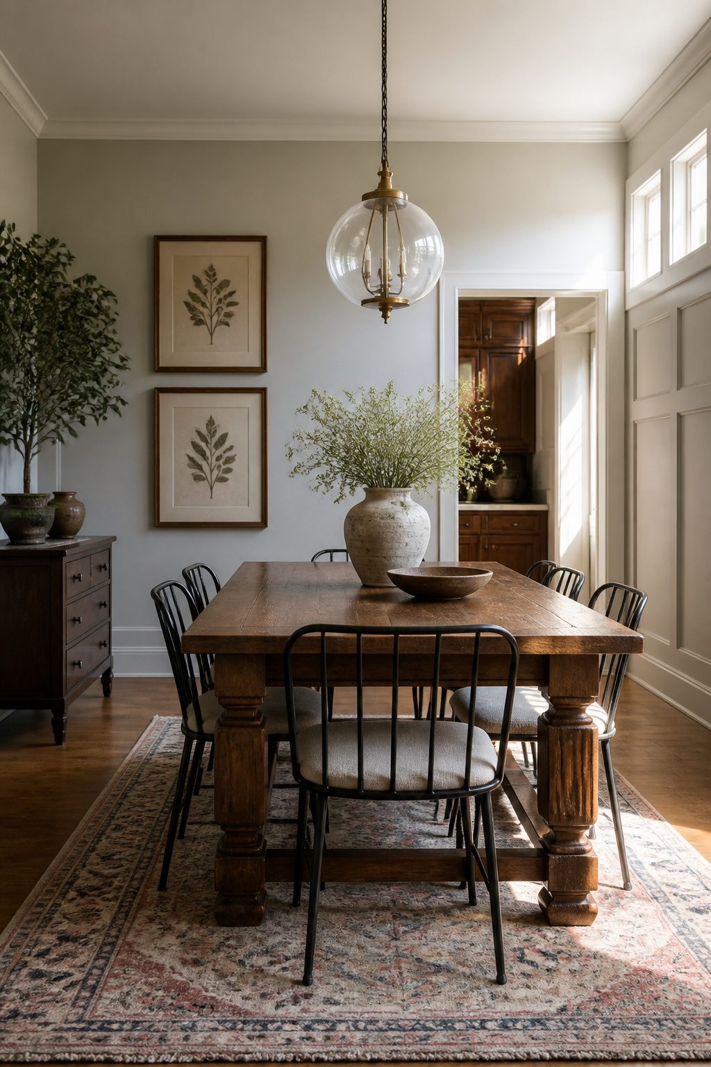 A Transitional dining room with a wooden table and metal chairs.