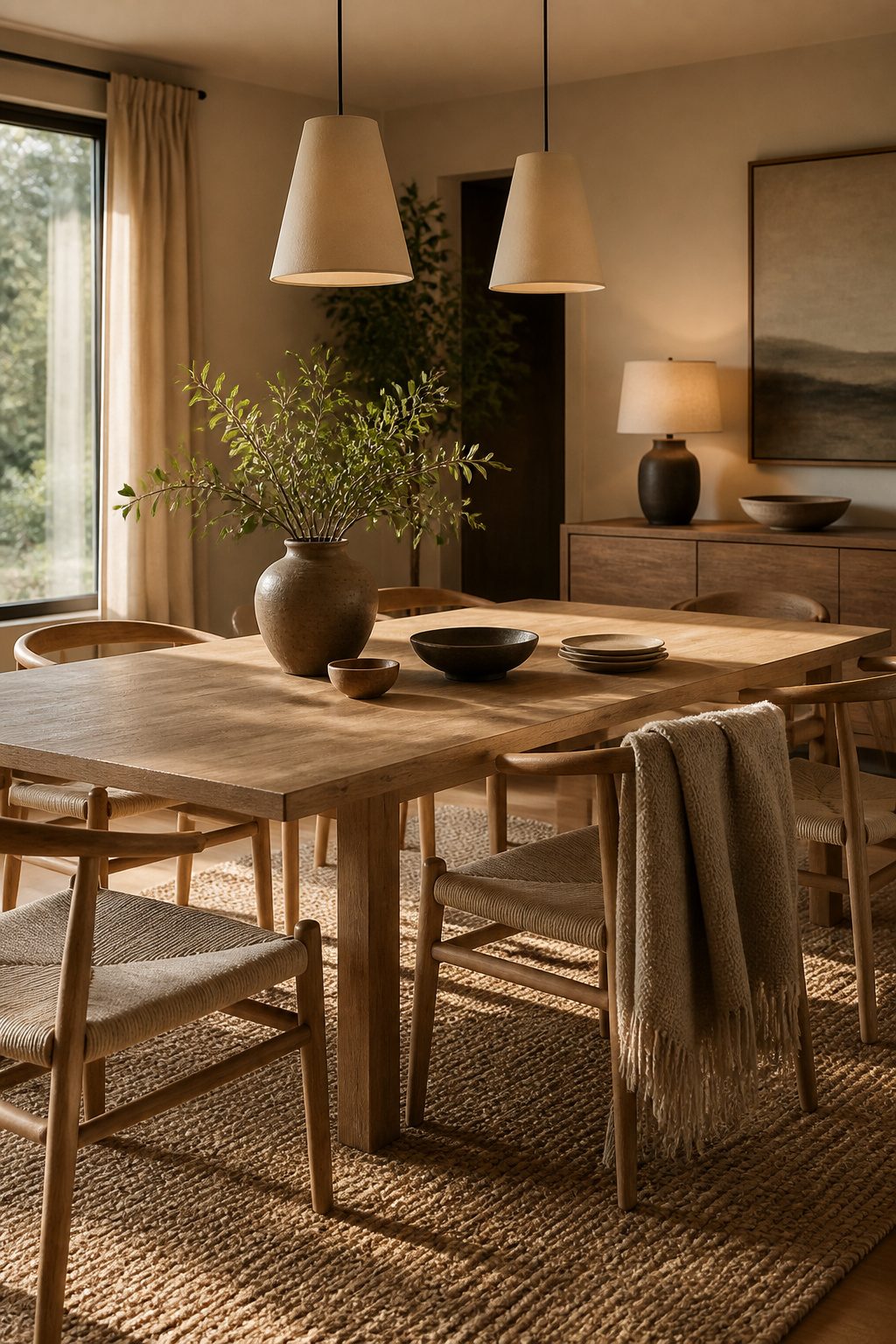 A Warm Neutrals dining room with soft beige walls and minimalist furniture.