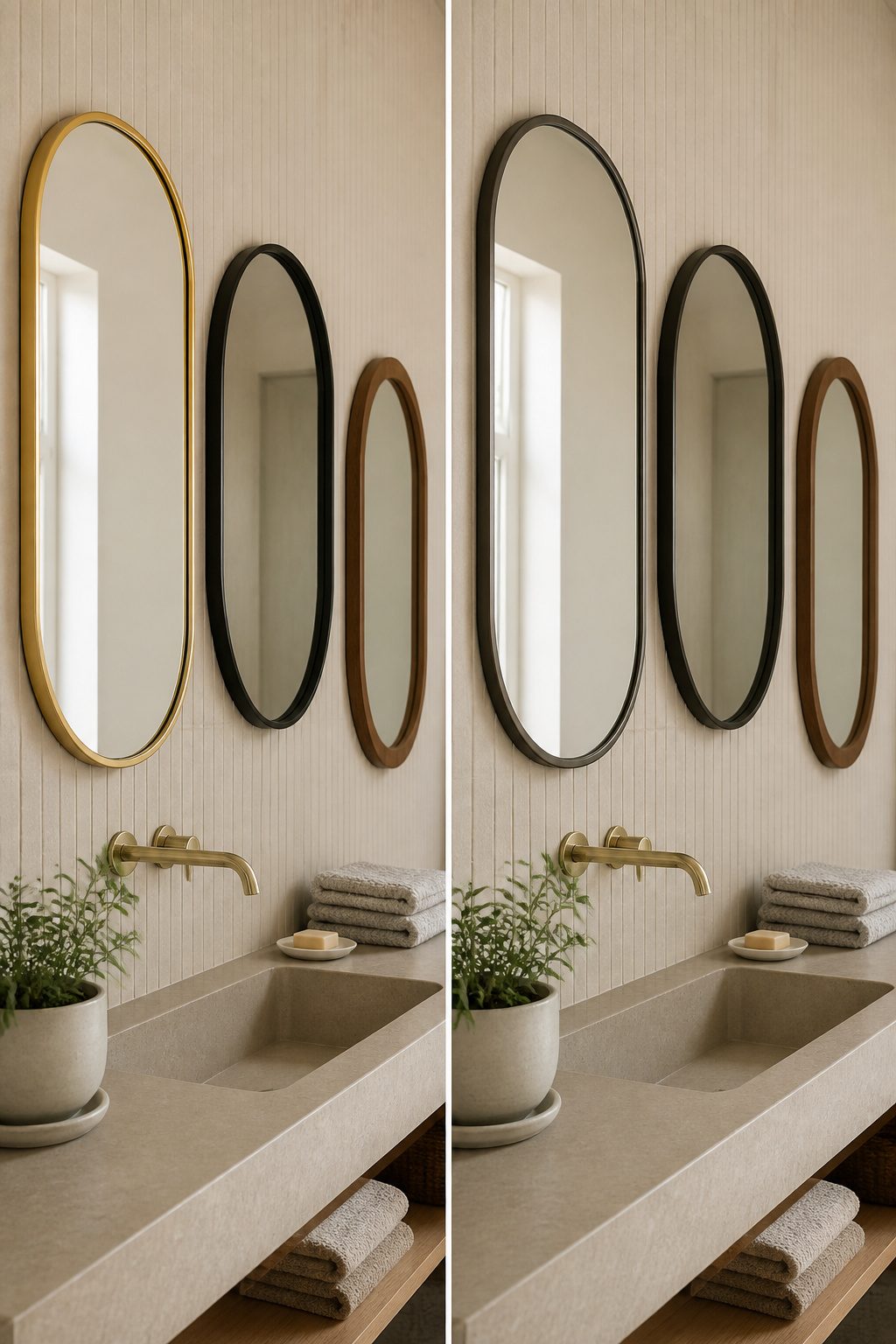 Various framed mirrors showcasing brass and matte black finishes.