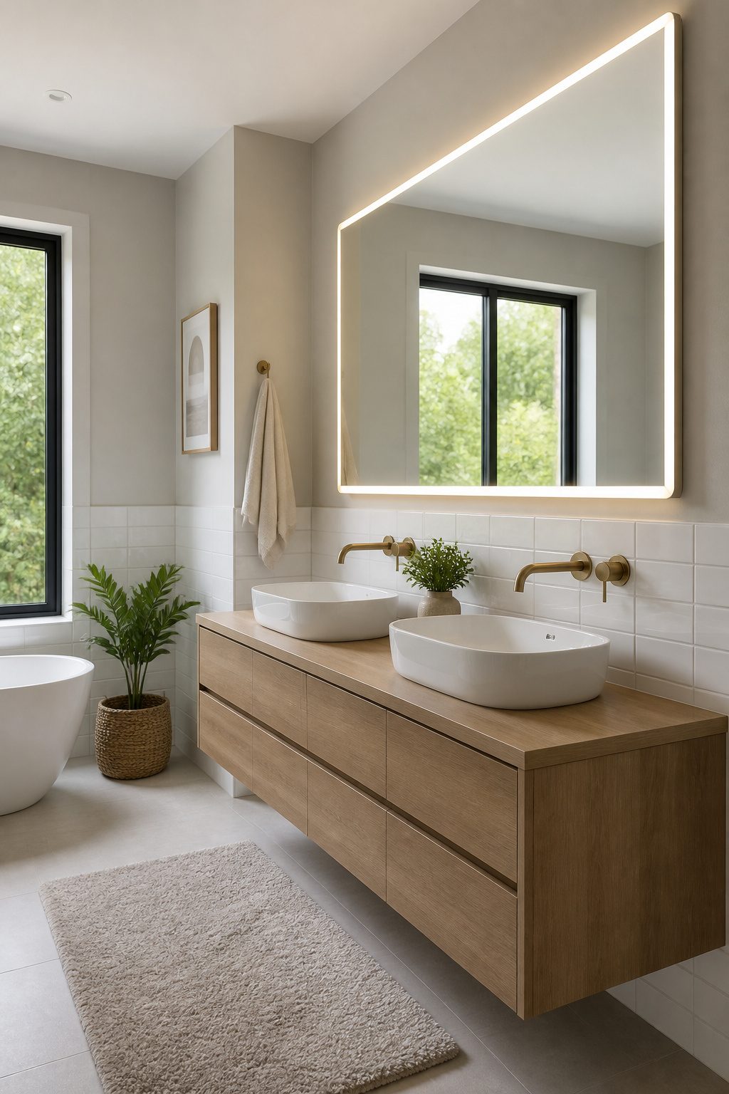 A slim front-lit mirror above a double sink with modern ceramic fixtures.