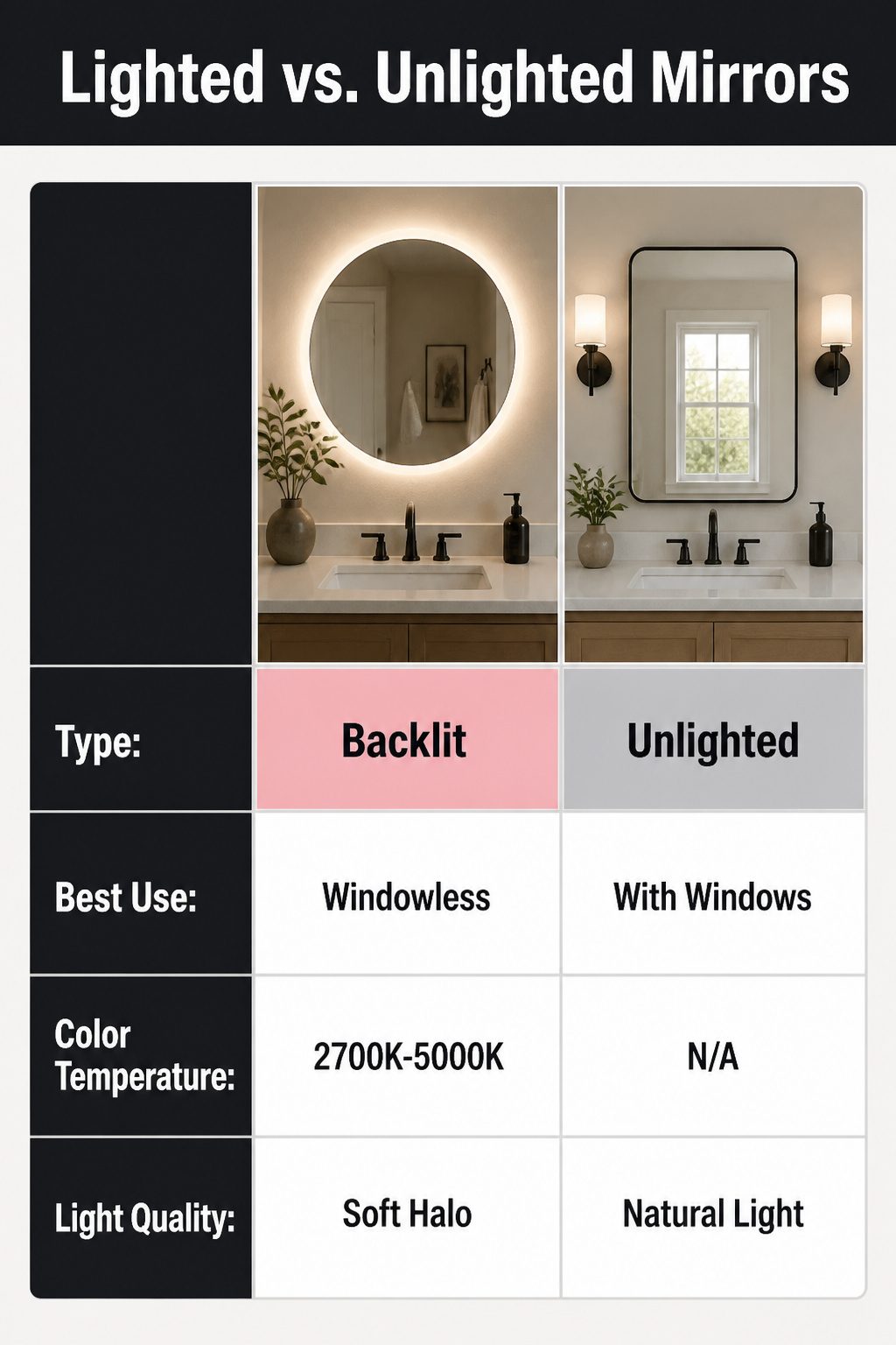 A comparison image showing lighted and unlighted bathroom mirrors.