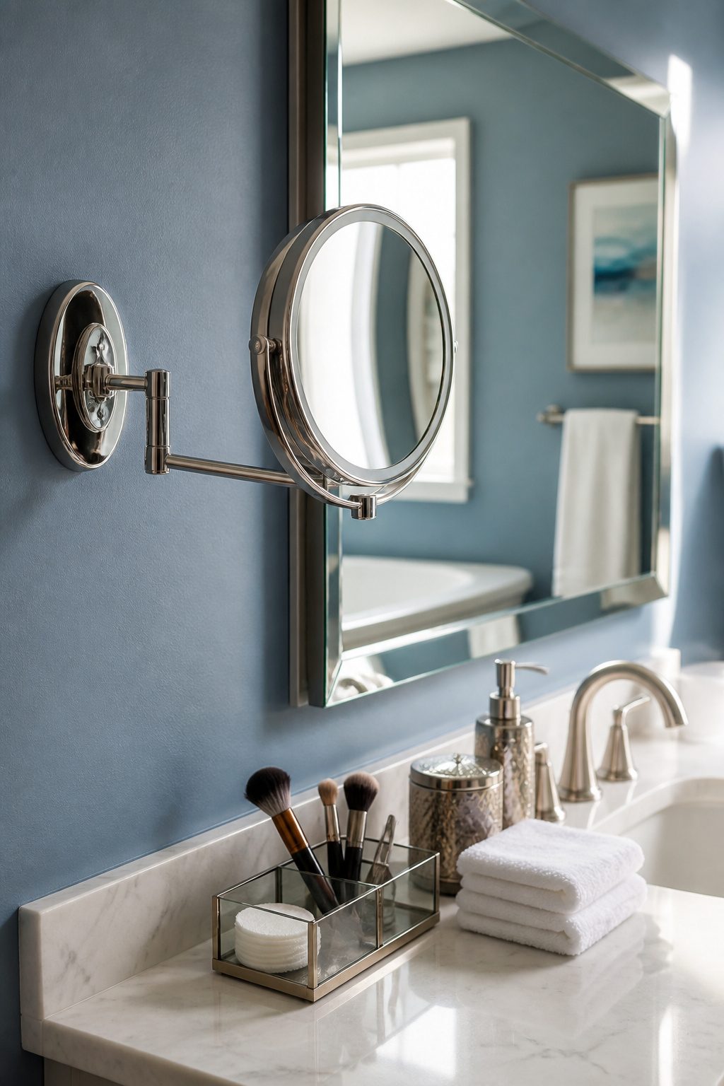 A magnifying mirror on an adjustable arm set beside a modern sink.