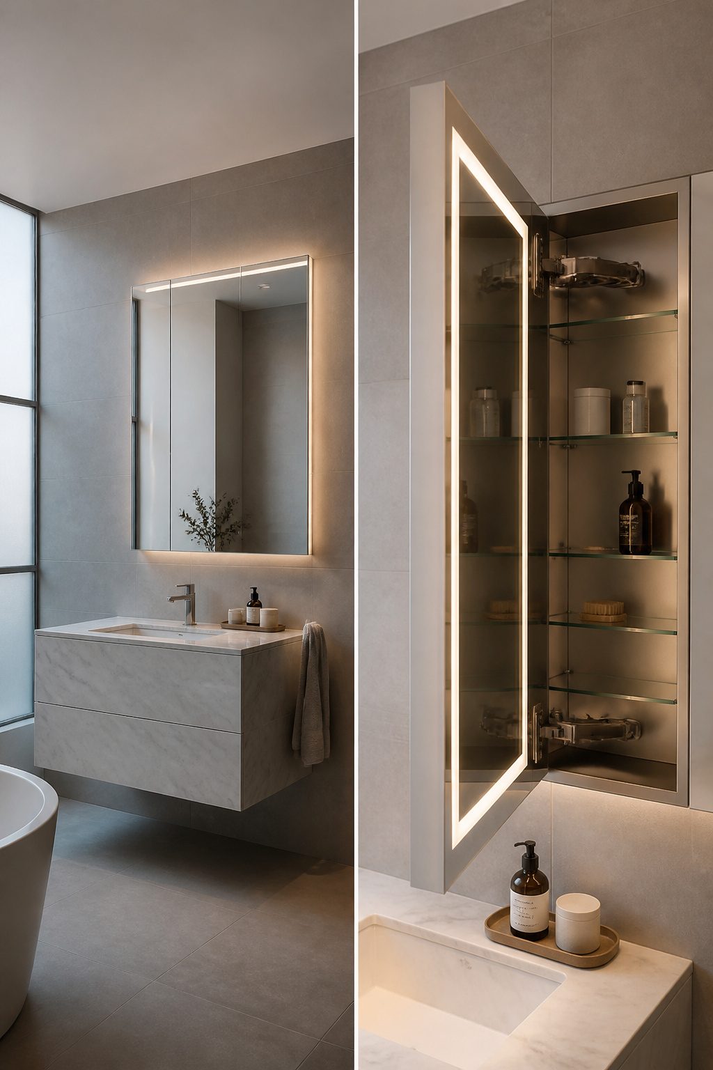 A medicine cabinet with a mirror and built-in LED lights above a sink.