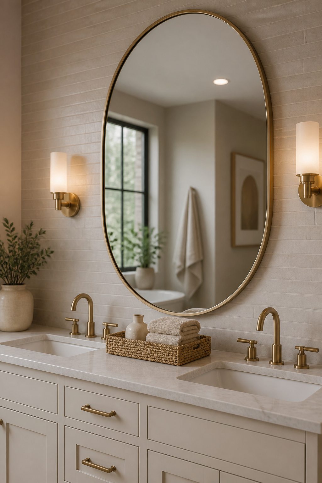 An oval mirror mounted above a standard vanity in a bathroom.