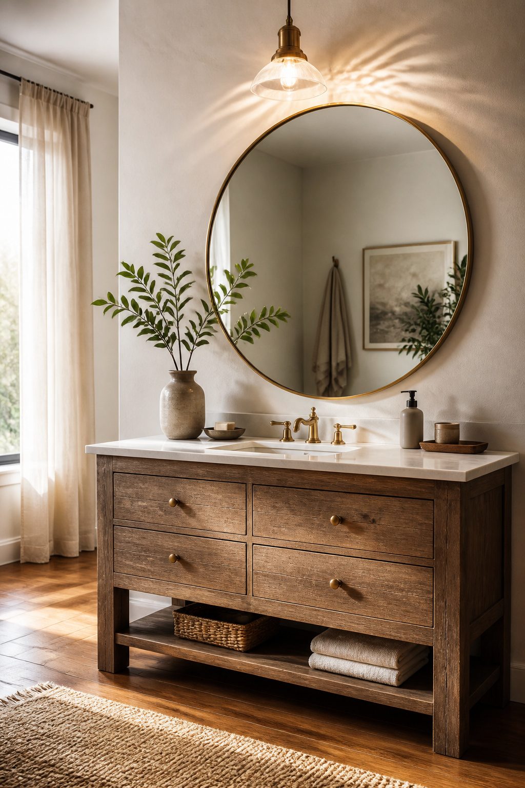 A round mirror centered above a single sink in a small bathroom.