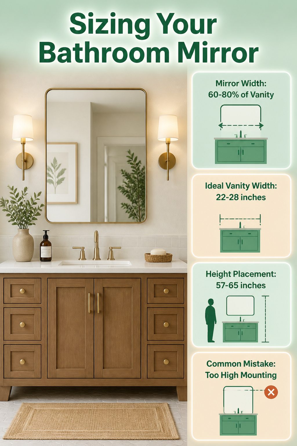 An information graphic about proper sizing for bathroom mirrors.