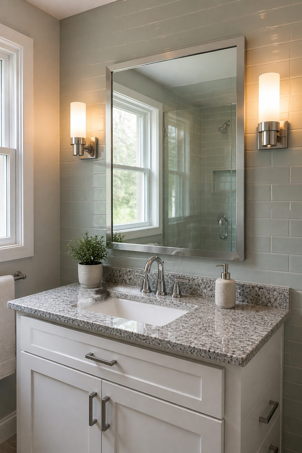 A rectangular mirror mounted above a white sink with brushed chrome framing.