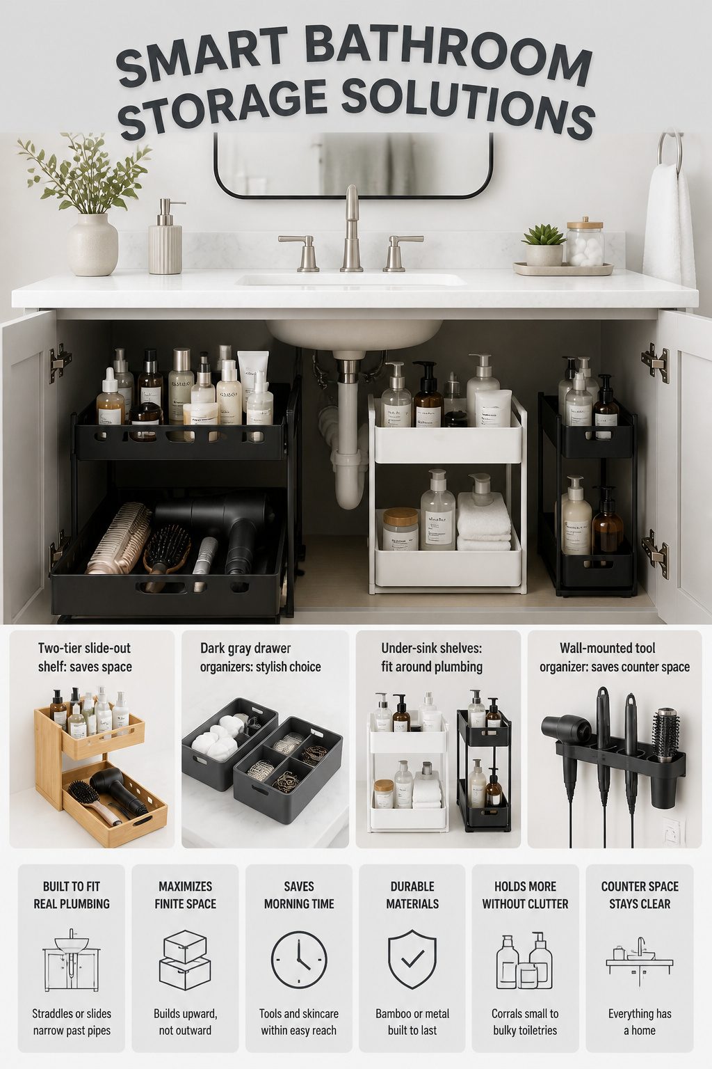 A two-tier slide-out shelf in a bathroom cabinet for toiletries.