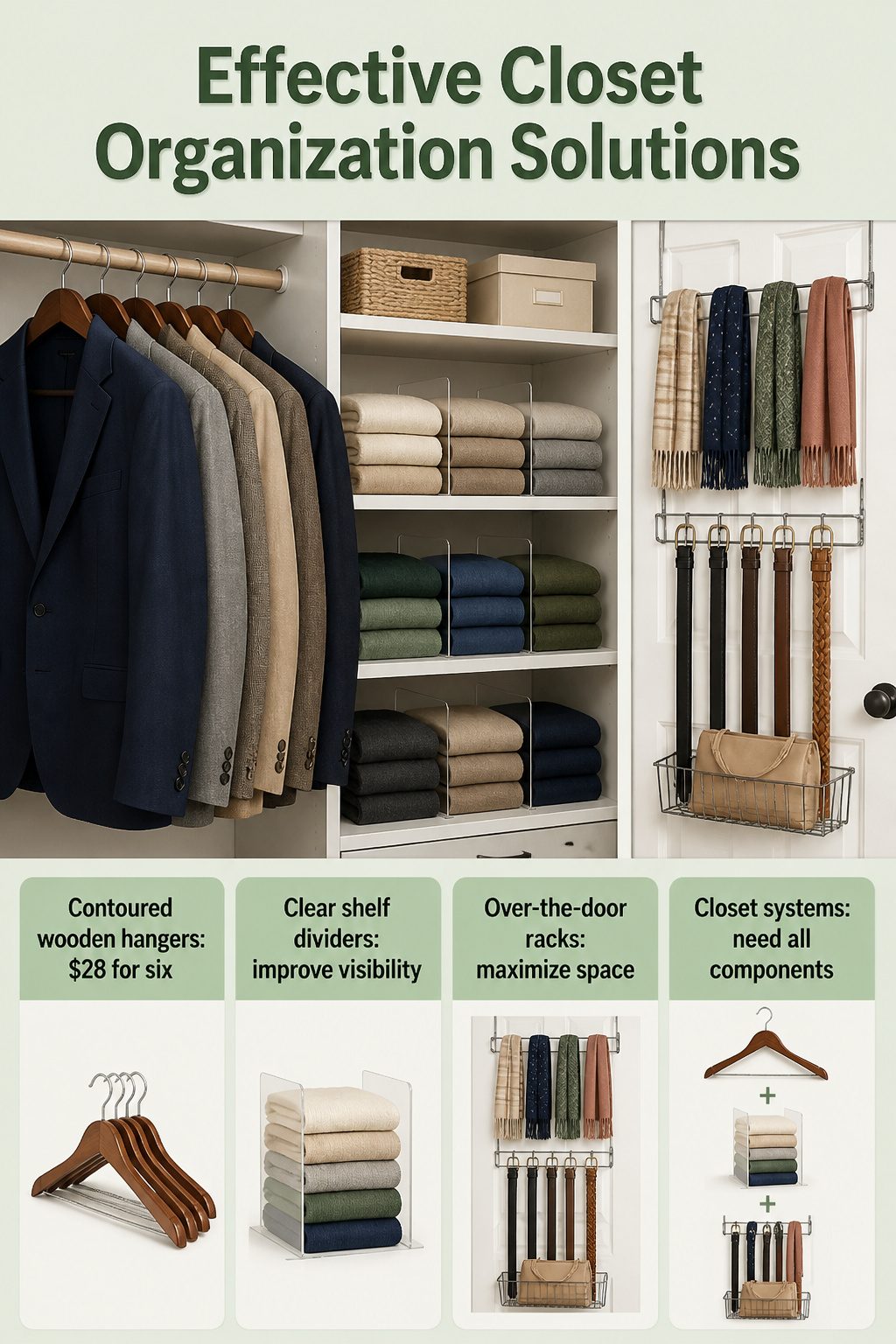 An organized closet with non-slip hangers and clear shelf dividers.