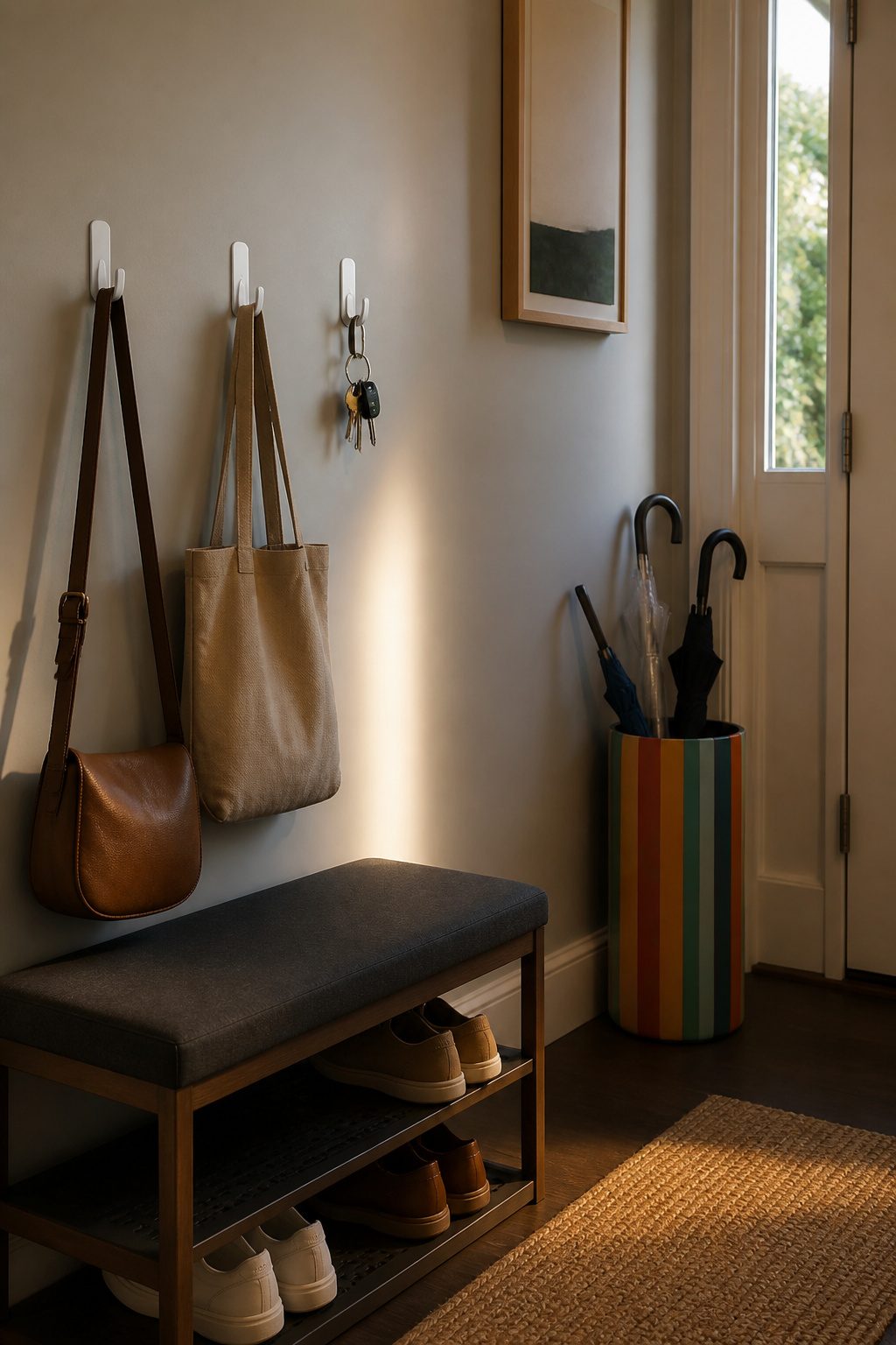 Command hooks on a wall holding bags and keys in an entryway.