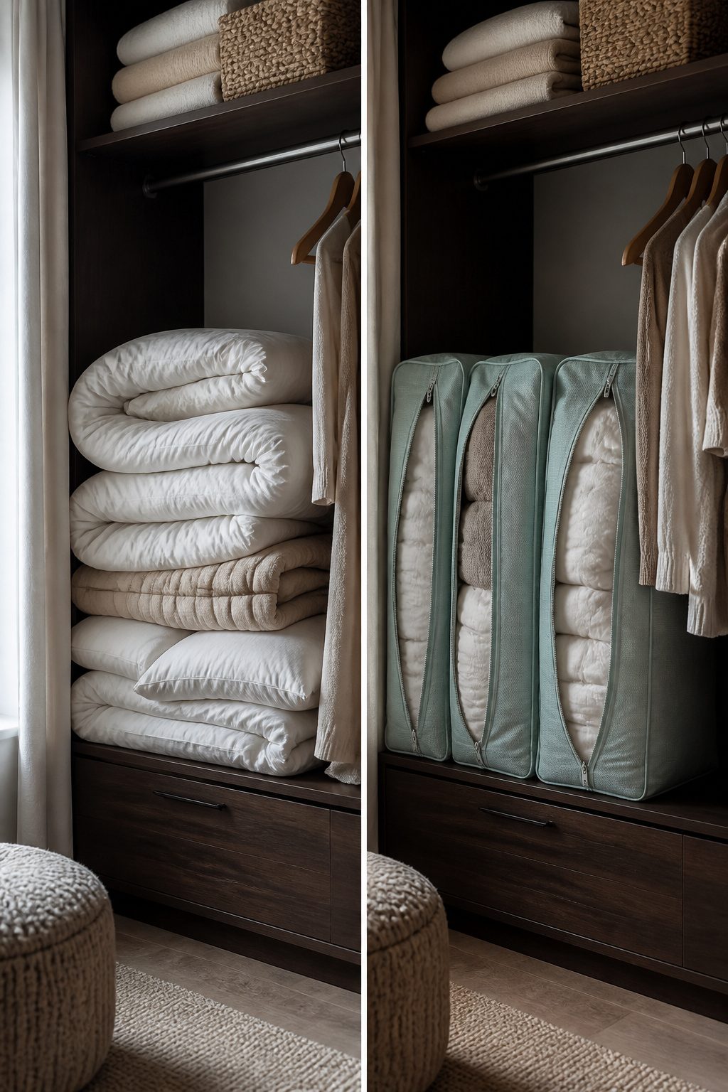 Three expandable storage bags holding a compressed king comforter.