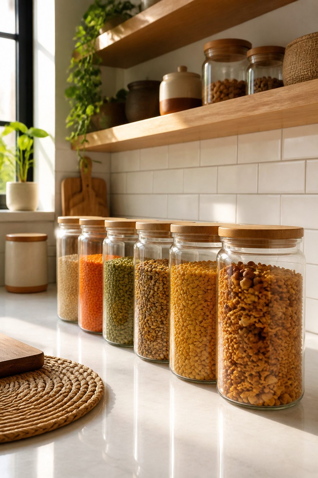 A set of glass jars with lids containing various pantry ingredients.