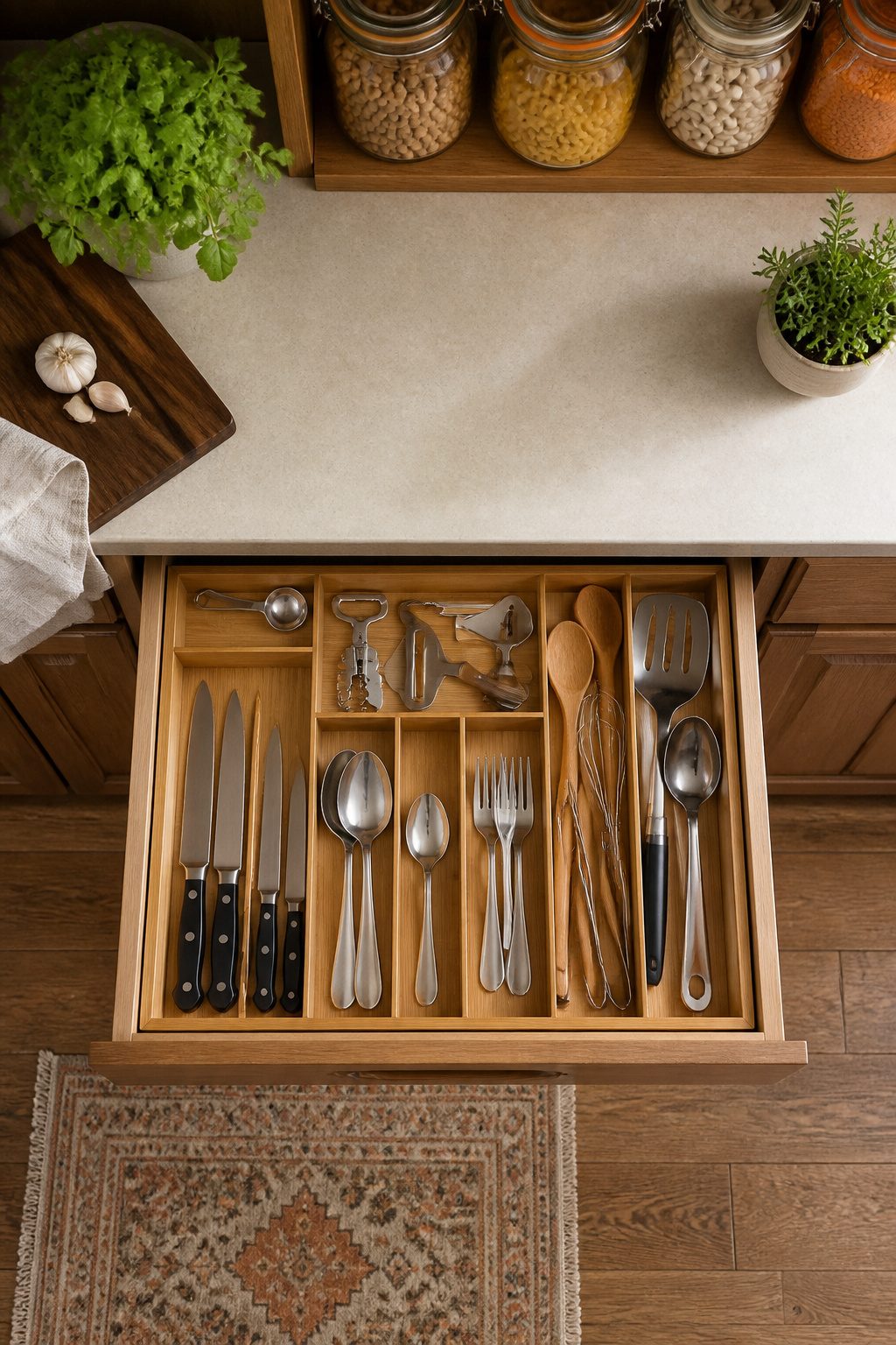 An organized kitchen drawer with compartments for utensils and tools.