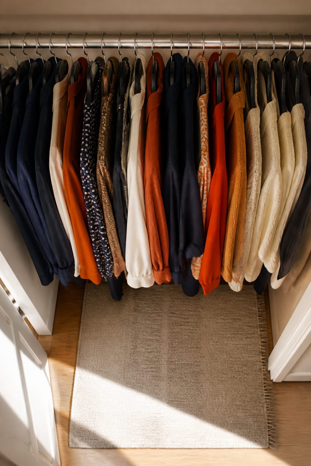 A collection of velvet hangers holding various garments in a closet.