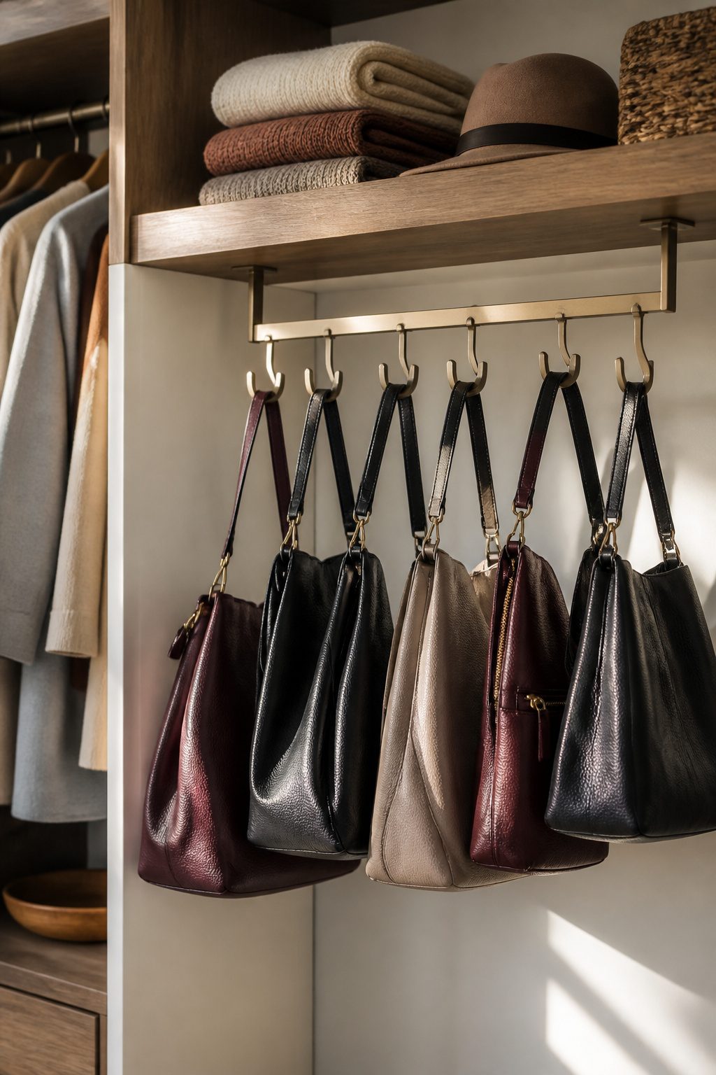 Two purse hanger organizers mounted under a closet rod holding bags.