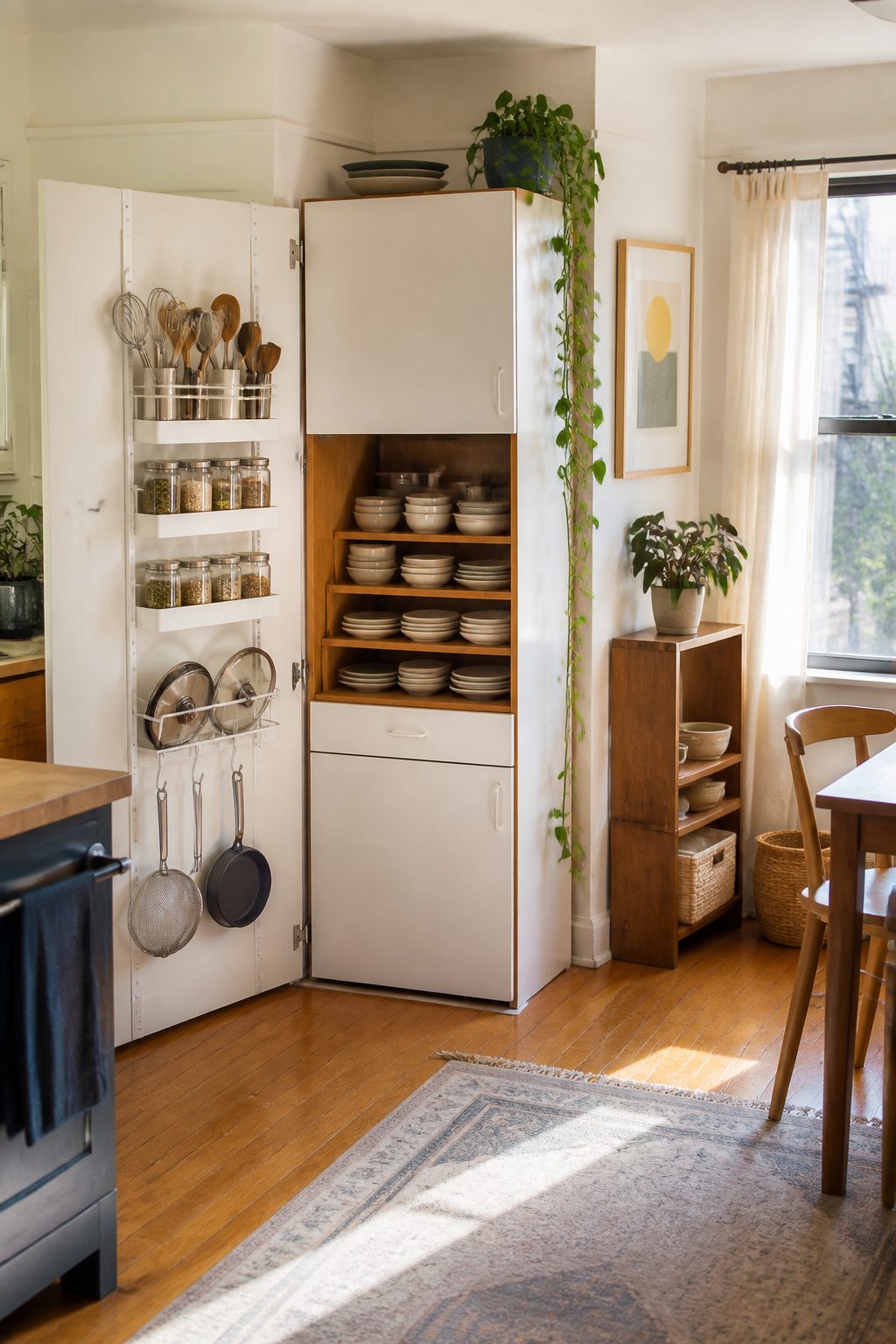 An over-door organizer and under-bed storage solutions in a small room.