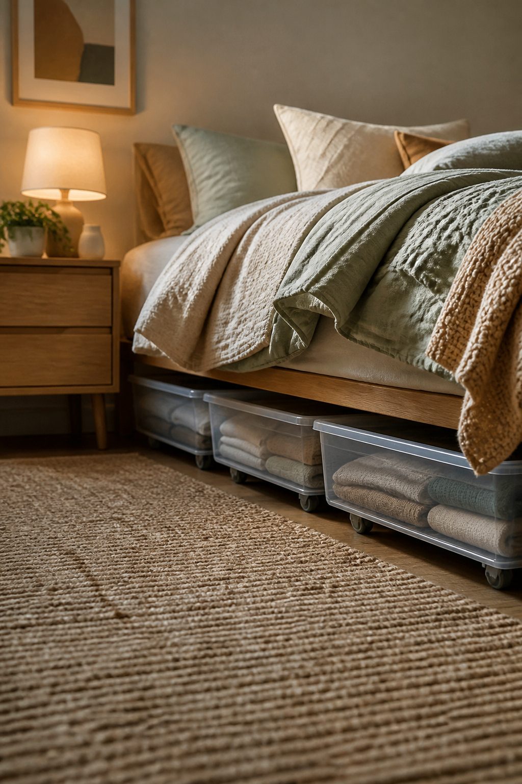Flat storage containers slid under a bed, holding various items.