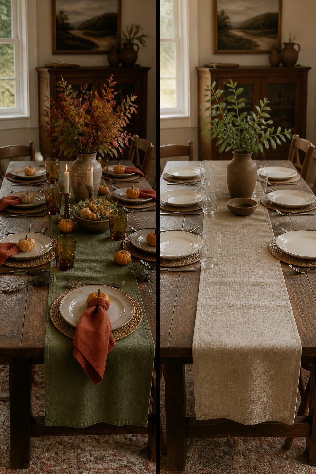 A rustic table featuring earth tone decorations.