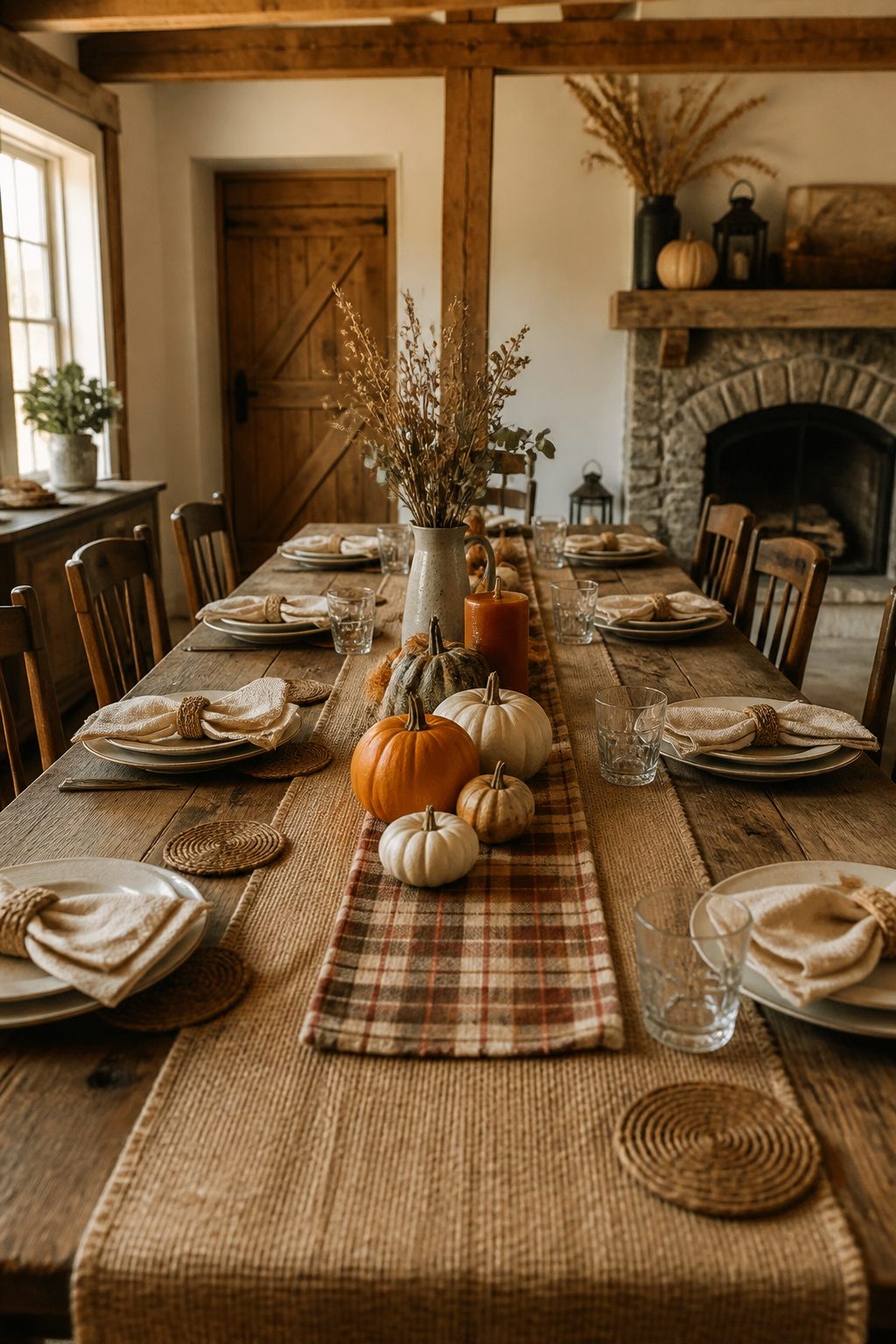 A burlap runner with linen napkins on a rustic table.